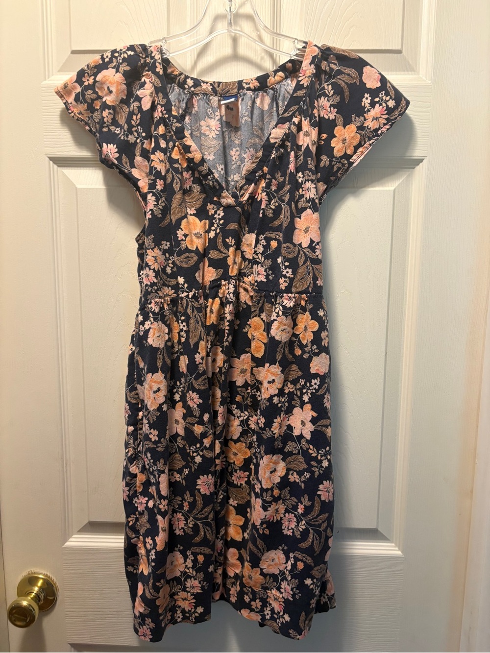 Old Navy Navy Floral V‑Neck Midi Dress with Peach and Pink Flowers